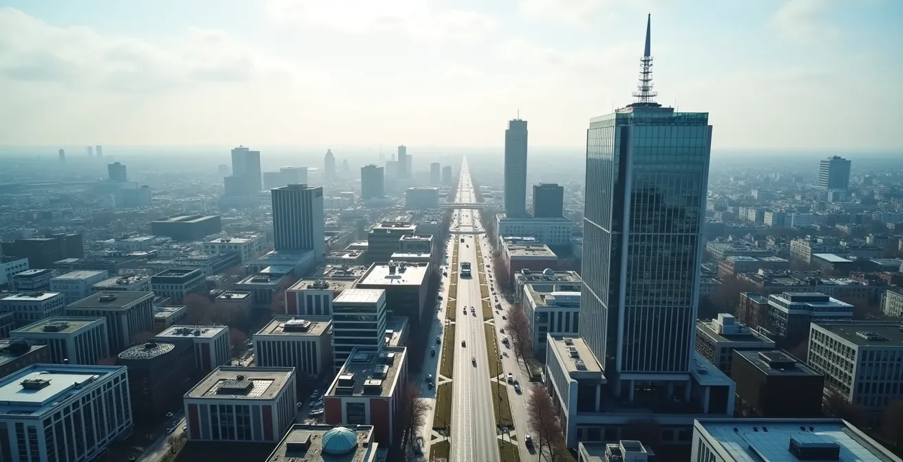 Overzicht van moderne overheidsgebouwen in Brussel vanuit vogelperspectief
