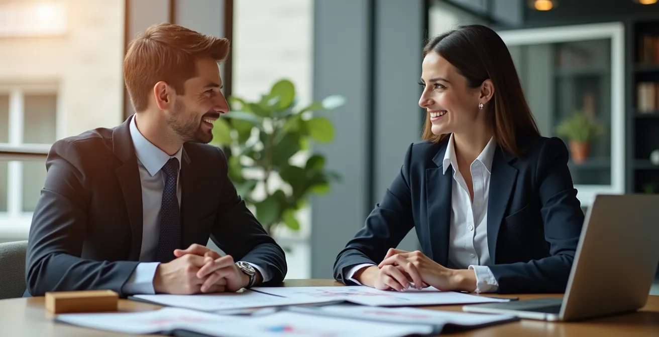 Belgische bankier bespreekt groene financiering met KMO-ondernemer in een modern kantoor.