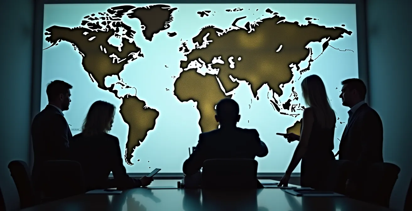 Ondernemers plannen internationale expansie met wereldkaart op achtergrond