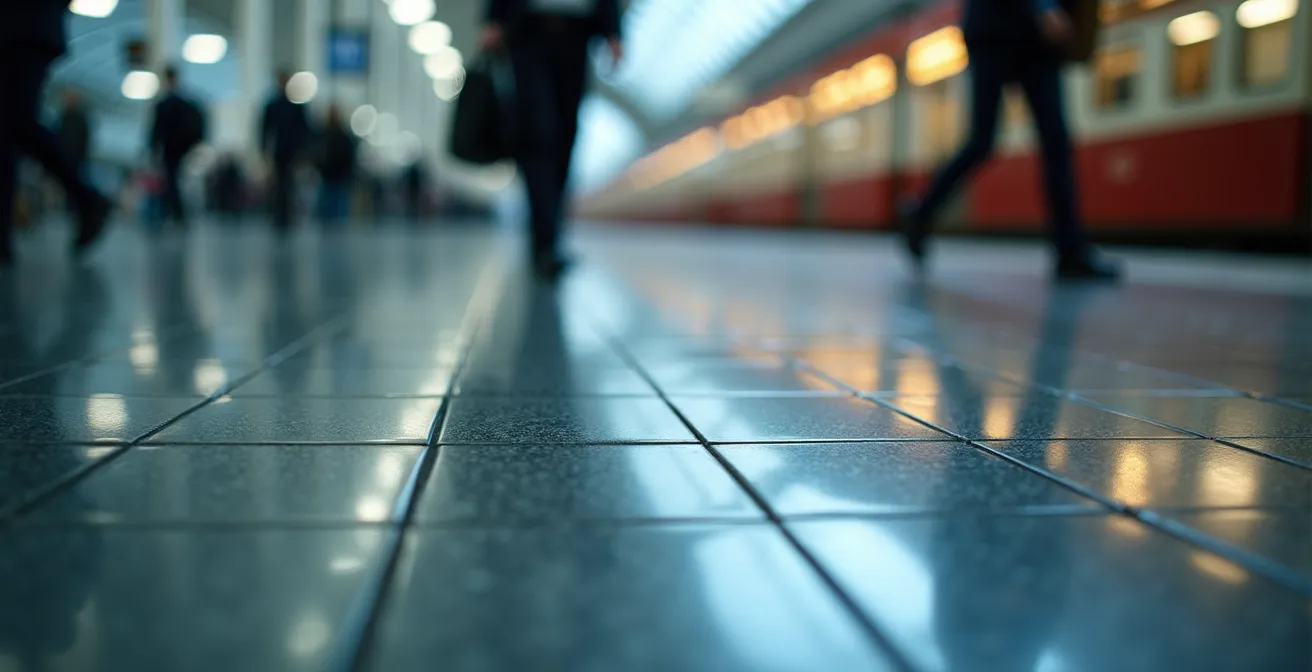 Modern treinstation interieur met reizigers in beweging