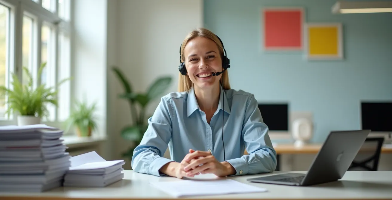 Ontspannen callcenter medewerker in moderne Belgische werkomgeving met subtiele technologie-elementen