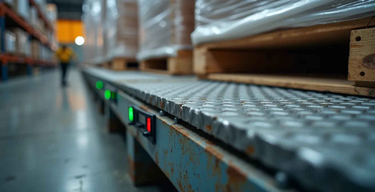 Macro-opname van industriële weegschaal met pallet in Belgisch magazijn