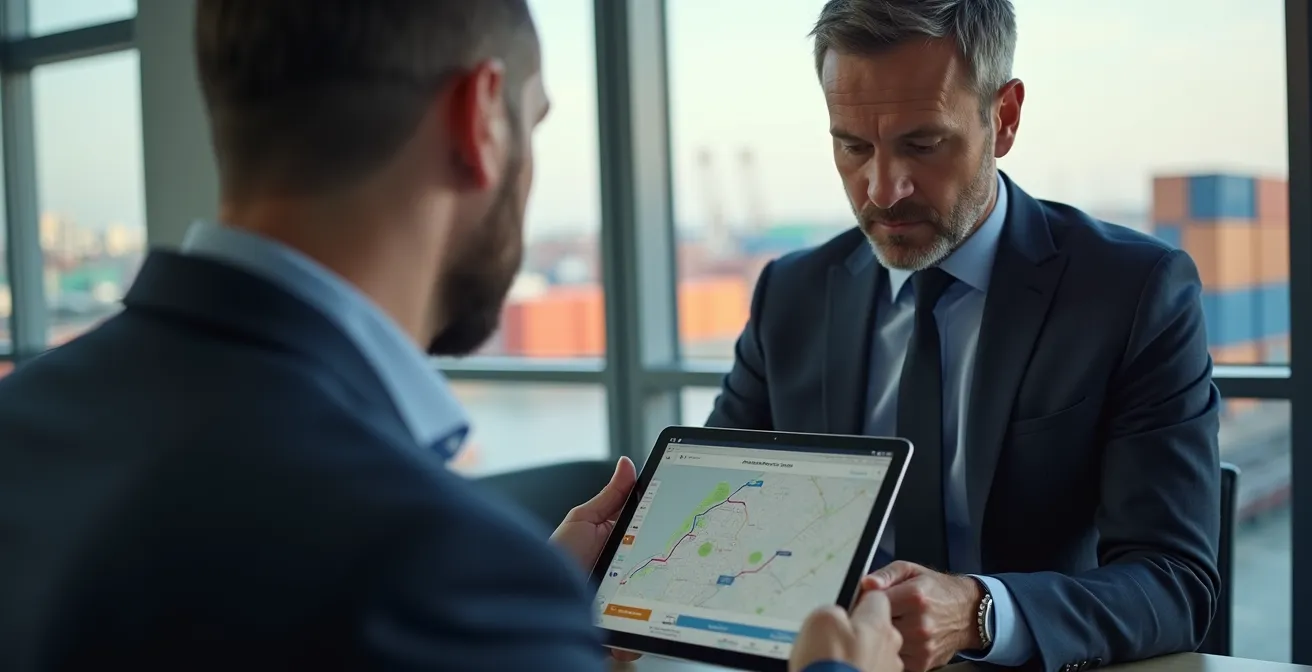 Close-up van logistiek manager die klant informeert over modale switch met real-time tracking op achtergrond