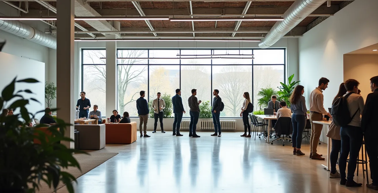 Wijdhoekopname van open kantoorruimte met diverse professionals in informeel overleg