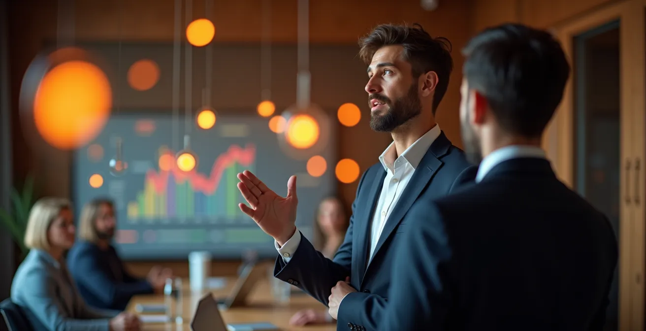 Manager presenteert lokale marktdata aan internationaal team via videoconferentie met Belgische statistieken