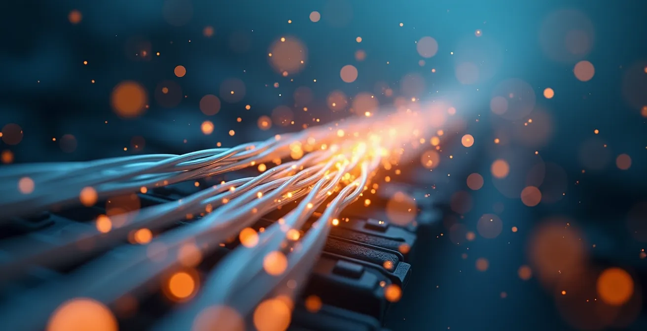 Extreme close-up van glasvezelkabels die verschillende transportmodaliteiten symbolisch verbinden