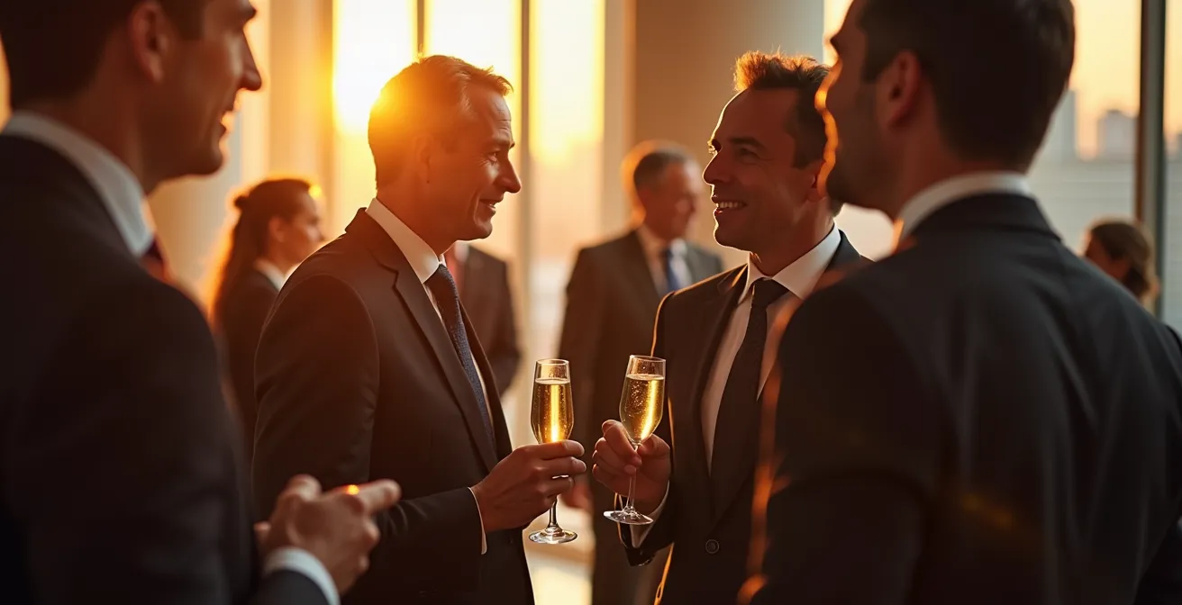 Zakelijke gesprekken tijdens diplomatieke receptie met hoge functionarissen