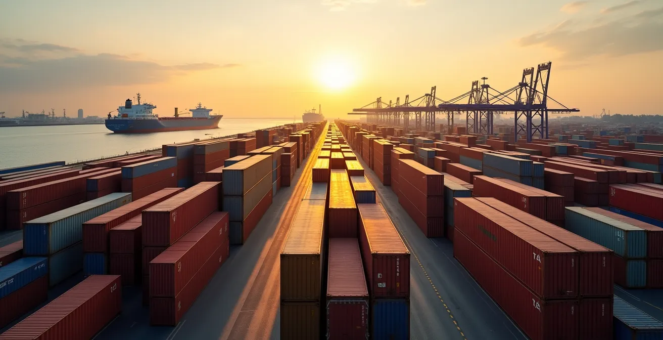 Luchtfoto van containerterminal in Antwerpse haven met gestapelde containers