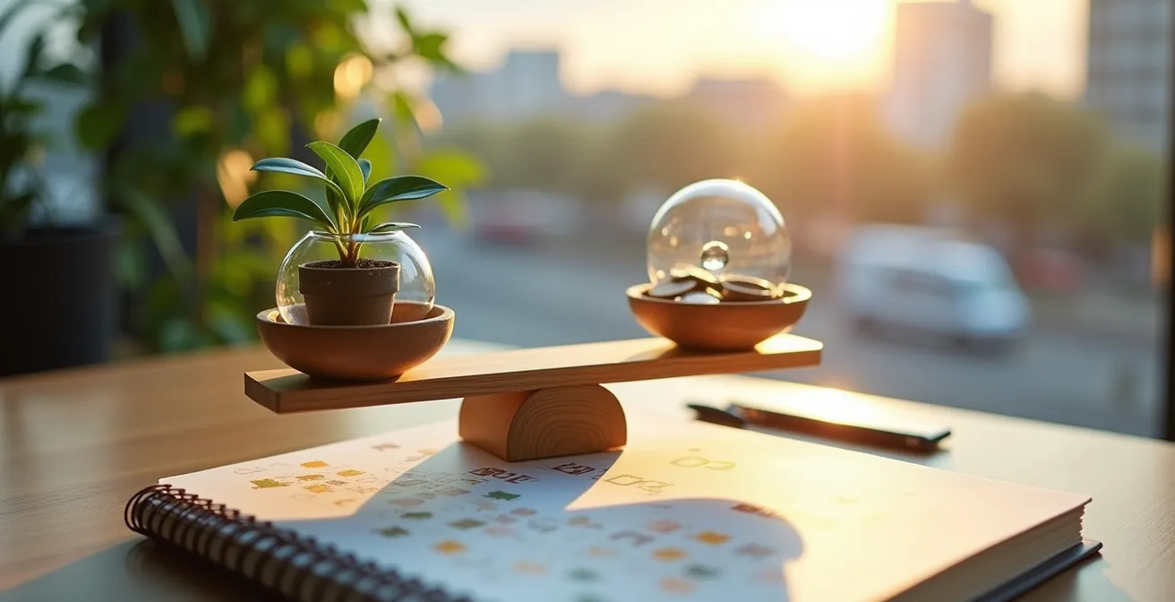 Visualisatie van dubbele materialiteitsanalyse voor ESG-thema's die de balans toont tussen financiële impact en maatschappelijke impact.