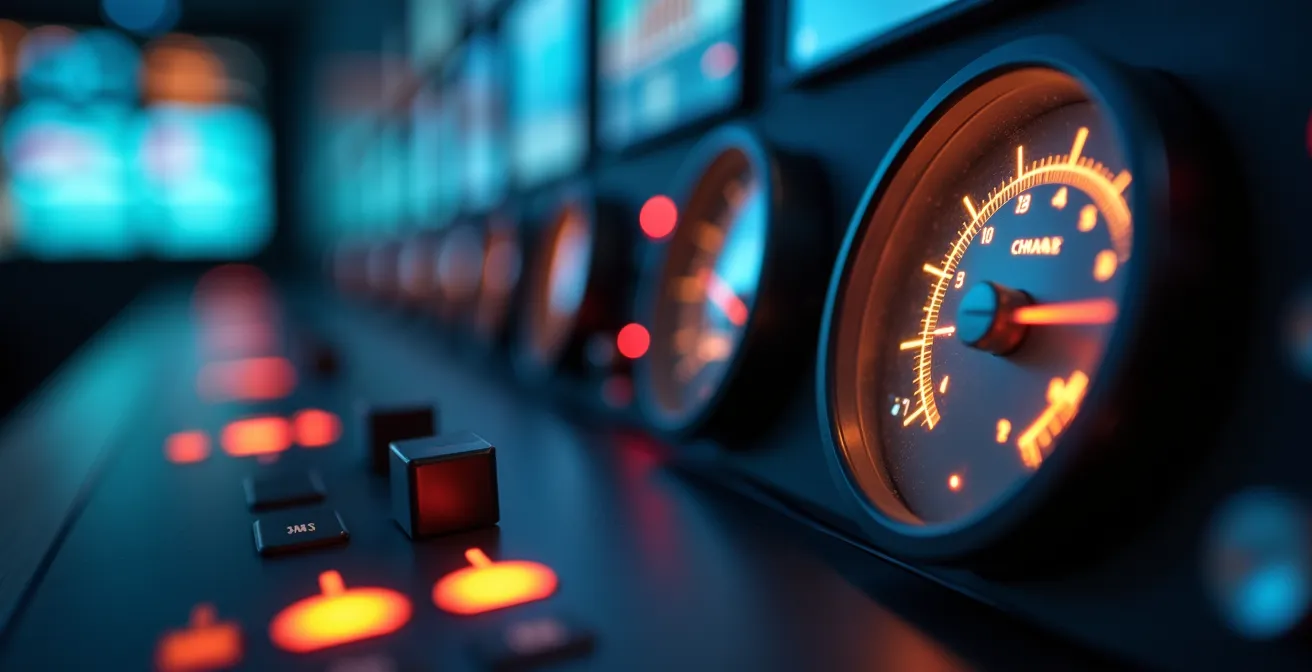 Controlekamer met energie-analyseschermen zonder leesbare data