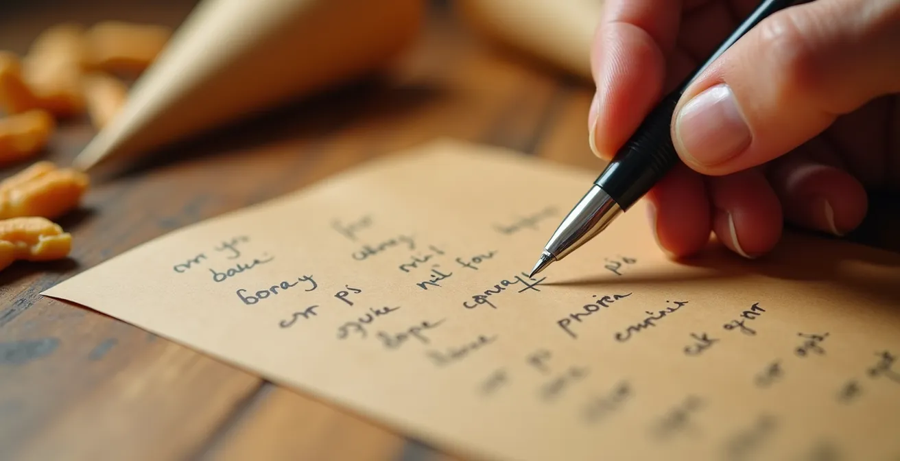 Close-up van handen die complexe bestelling noteren met traditionele Belgische frituur elementen op achtergrond