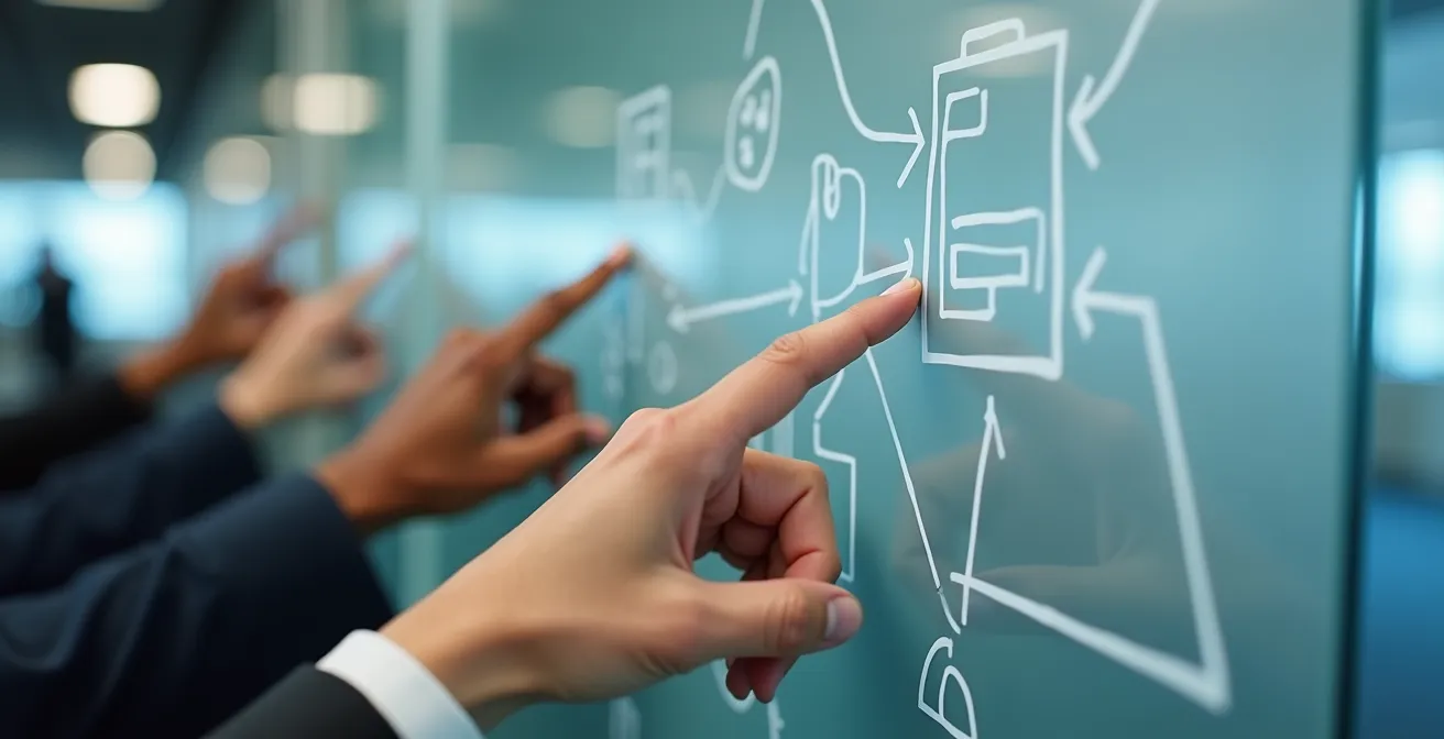 Close-up van handen die wijzen naar strategische matrix op glaswand tijdens vergadering