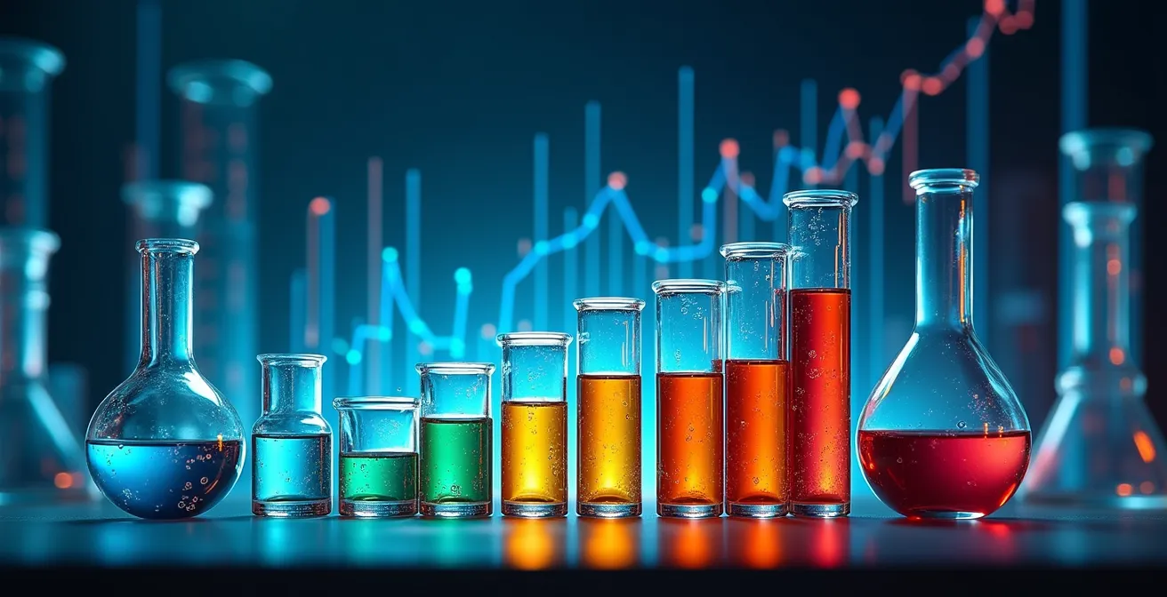 Symbolische weergave van innovatietraject met laboratoriumapparatuur en financiële documenten