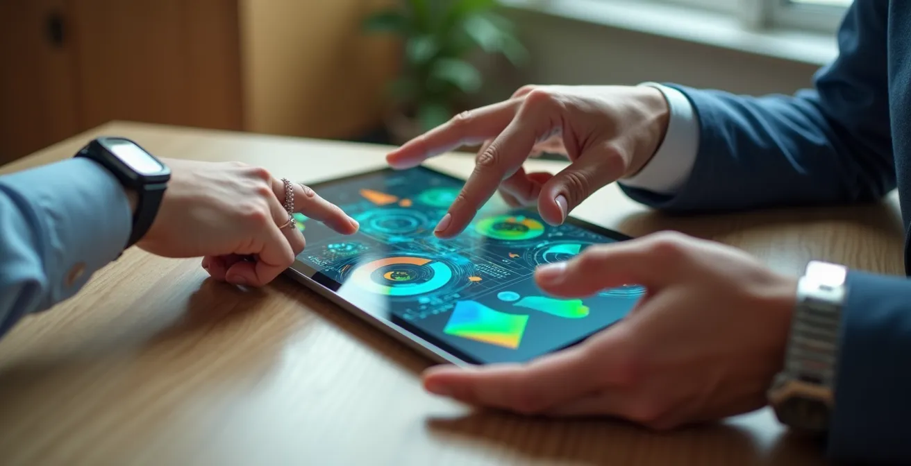 Close-up van handen die naar kleurrijke datavisualisaties wijzen op tablet