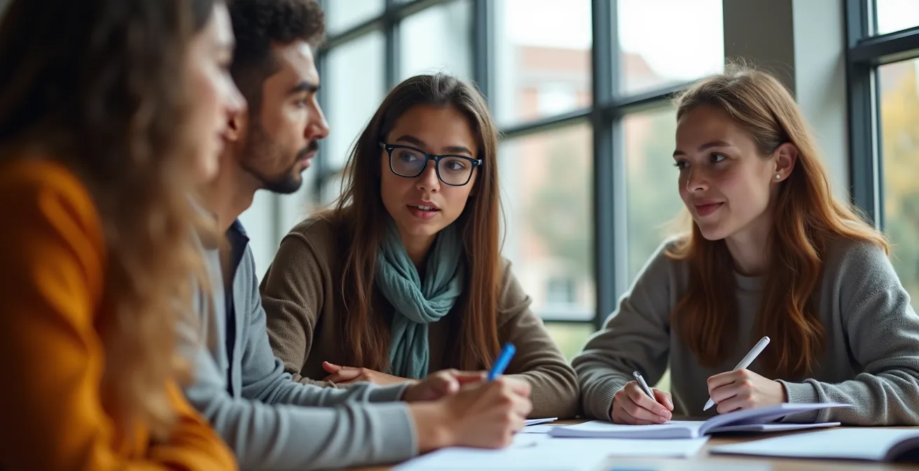 Diverse groep internationale masterstudenten in moderne universiteitscampus België