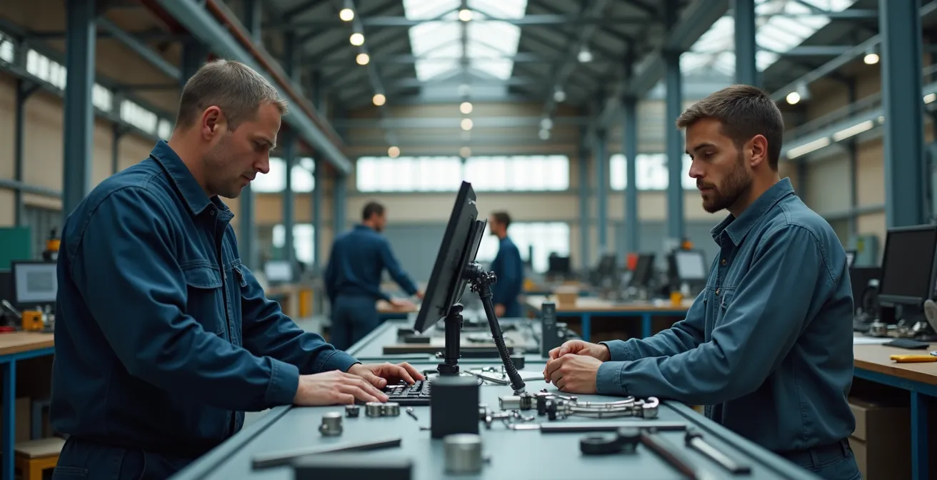 Ervaren technicus begeleidt operator bij onderhoudstraining in werkplaats