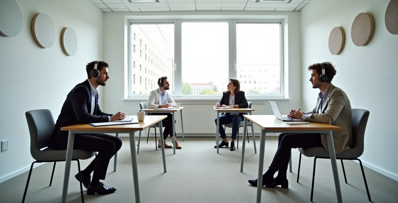 Groep medewerkers in interactieve taaltraining sessie