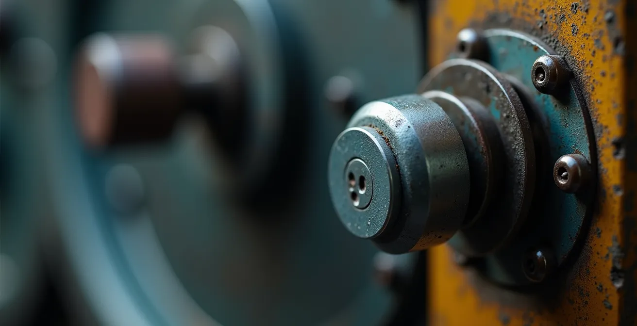 Close-up van een moderne IoT-sensor gemonteerd op het verweerde oppervlak van een industriële machine