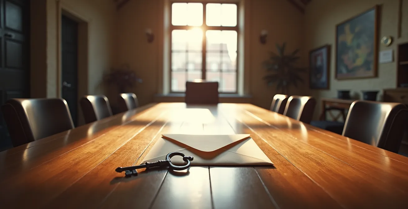 Symbolische weergave van eigendomsbescherming bij service-contracten met een sleutel en verzegeld document op een tafel