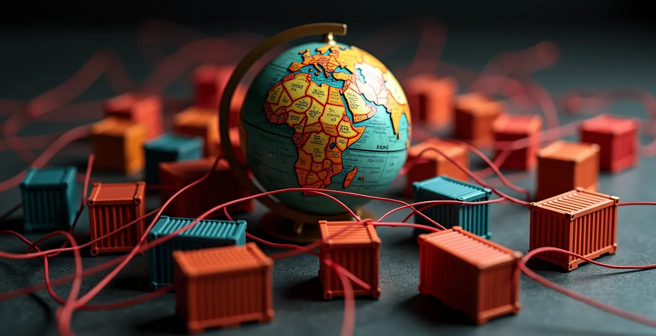 Overzicht van internationale handelsroute met containers en transportmiddelen