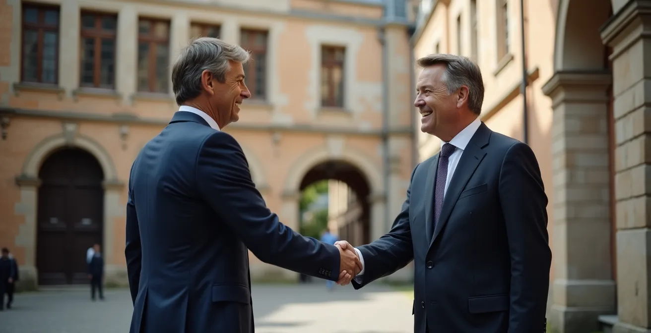 Handdruk tussen zakenman en lokale bestuurder met Belgisch gemeentehuis op achtergrond