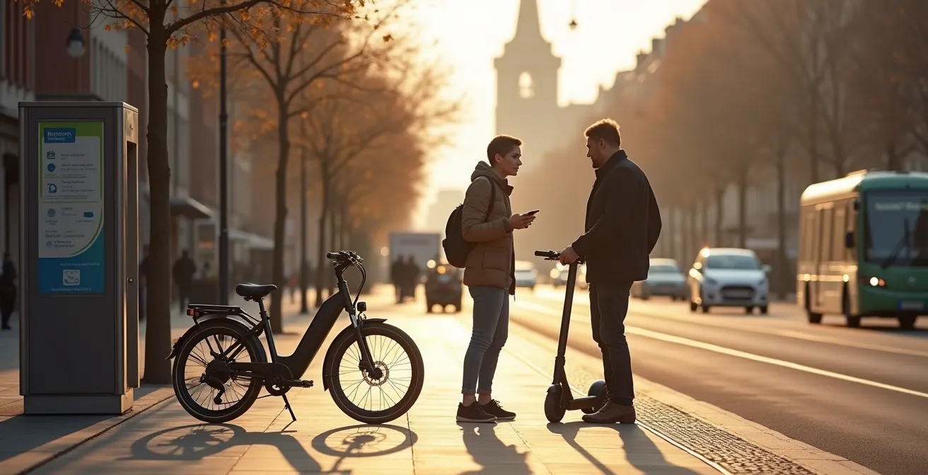 Diverse mobiliteitsopties voor werknemers inclusief fiets, steps en openbaar vervoer