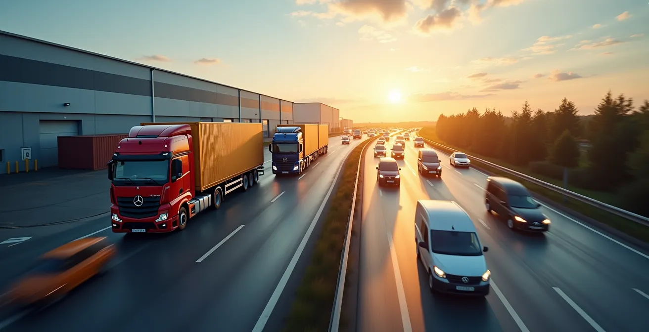 Moderne productiehal op Belgisch industrieterrein met vrachtwagens voor laden en lossen