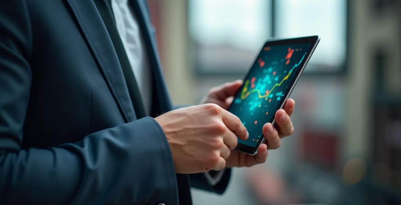 Close-up van handen die een tablet vasthouden met abstracte logistieke data visualisaties op het scherm