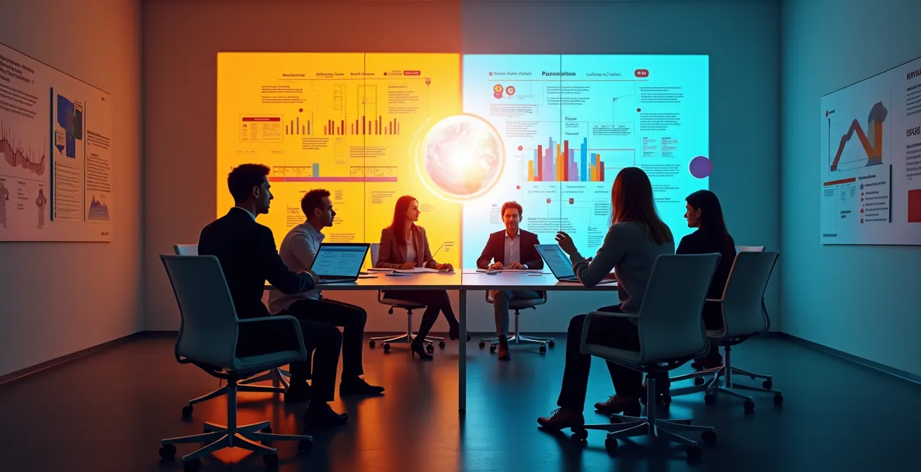 Multidisciplinair team werkt samen in visuele Obeya-ruimte met proceskaarten en KPI-dashboards