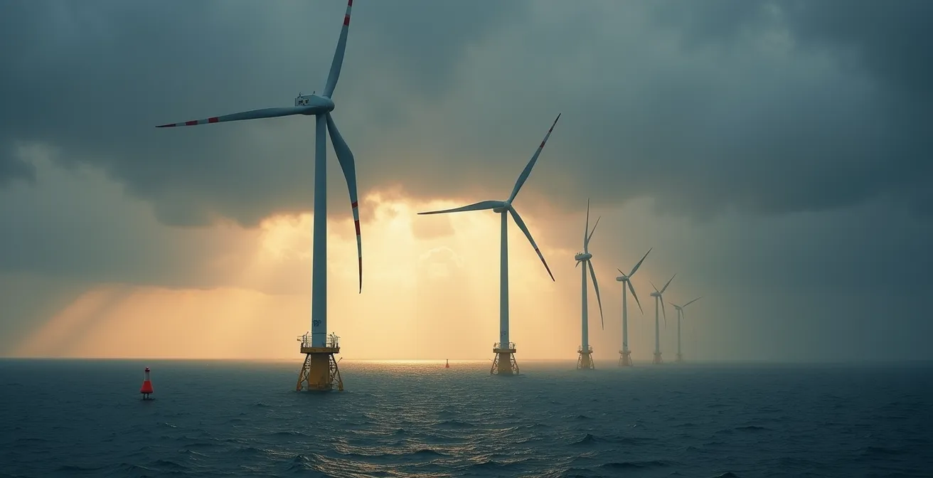 Offshore windturbines in de Noordzee met elektriciteitskabels naar de Belgische kust