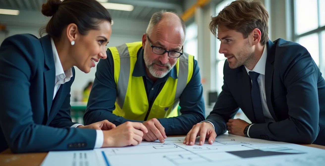Drie professionals uit verschillende disciplines werken samen rond een productieplanning in een moderne fabriek