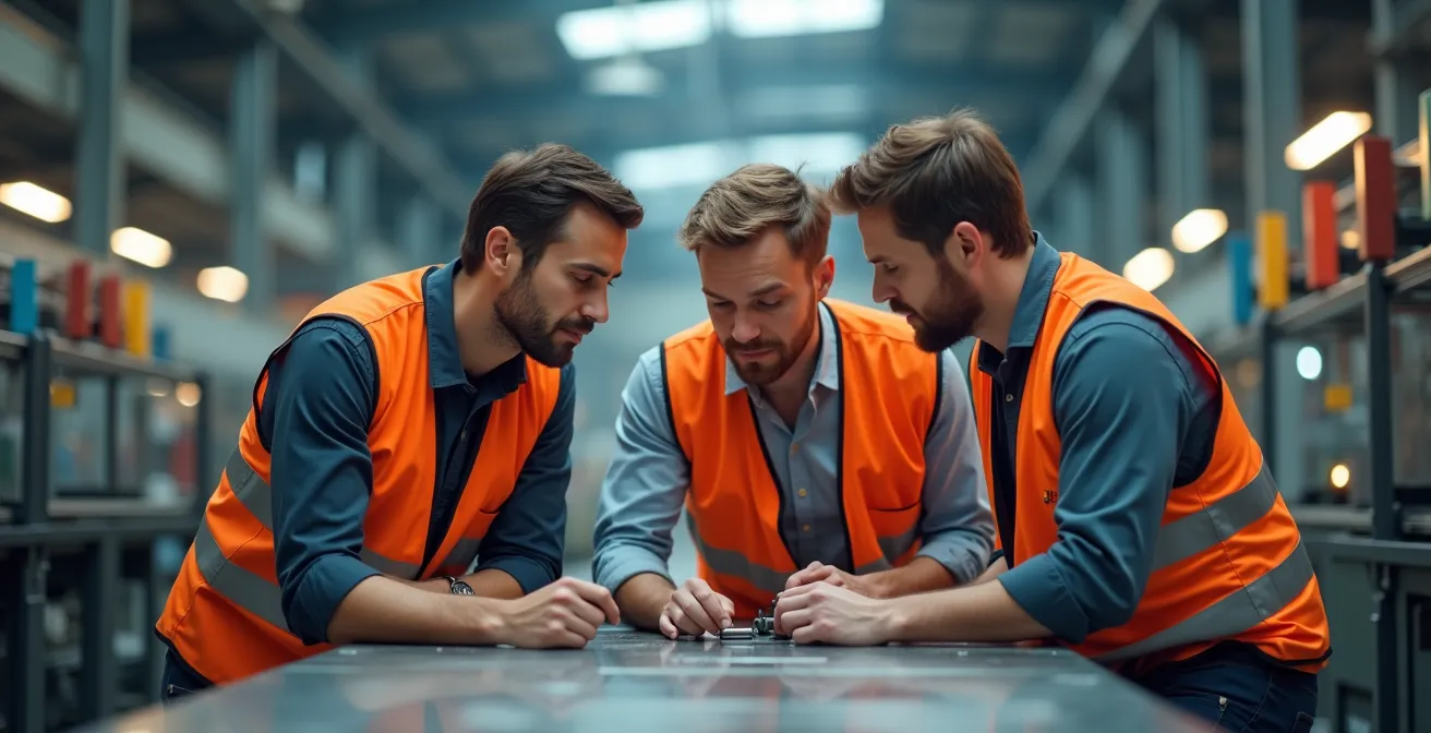 Werknemers in moderne productiefaciliteit werken samen in QRM-cel met visuele Kanban-borden