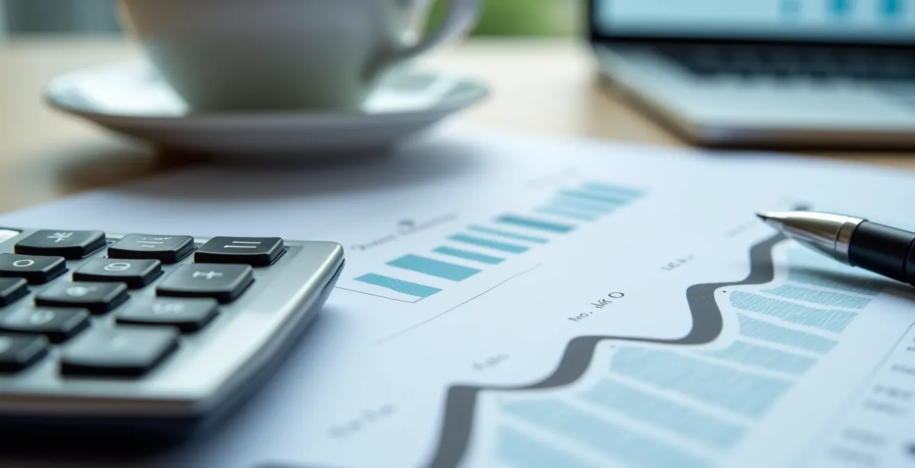 Close-up van financiële berekeningen en grafieken voor robotcel ROI