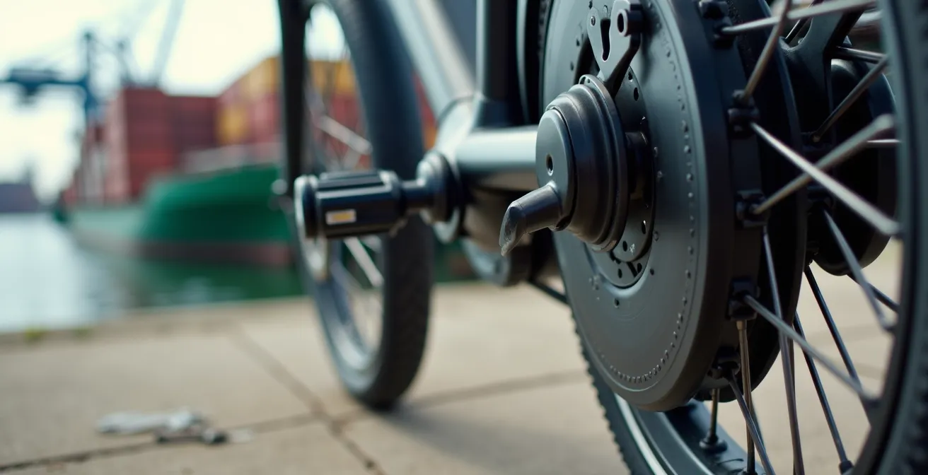 Elektrische cargofietsen worden geladen aan een moderne kade met binnenschepen op de achtergrond