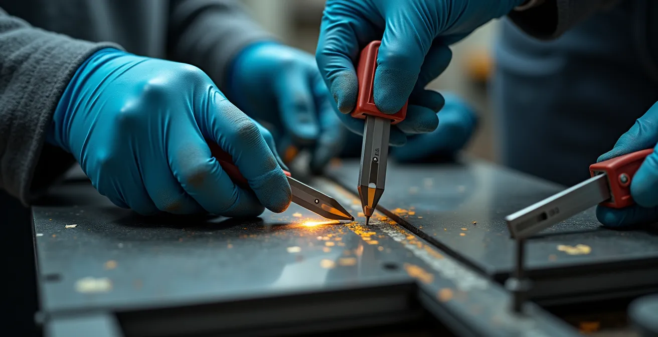 Productieteam onderzoekt samen een kwaliteitsprobleem met meetinstrumenten in een Belgische fabriek