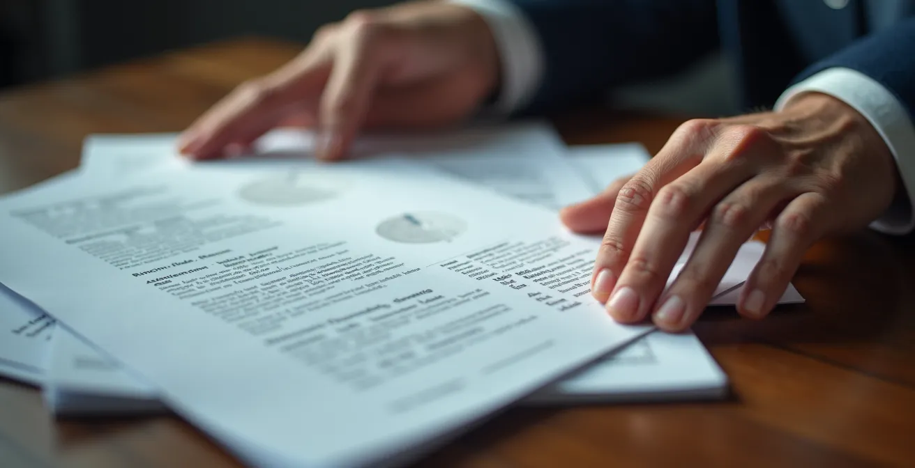 Close-up van professionele handen die documenten organiseren met abstracte financiële patronen