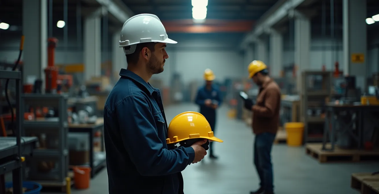 Nieuwe technicus observeert veiligheidsprotocollen in moderne werkplaats