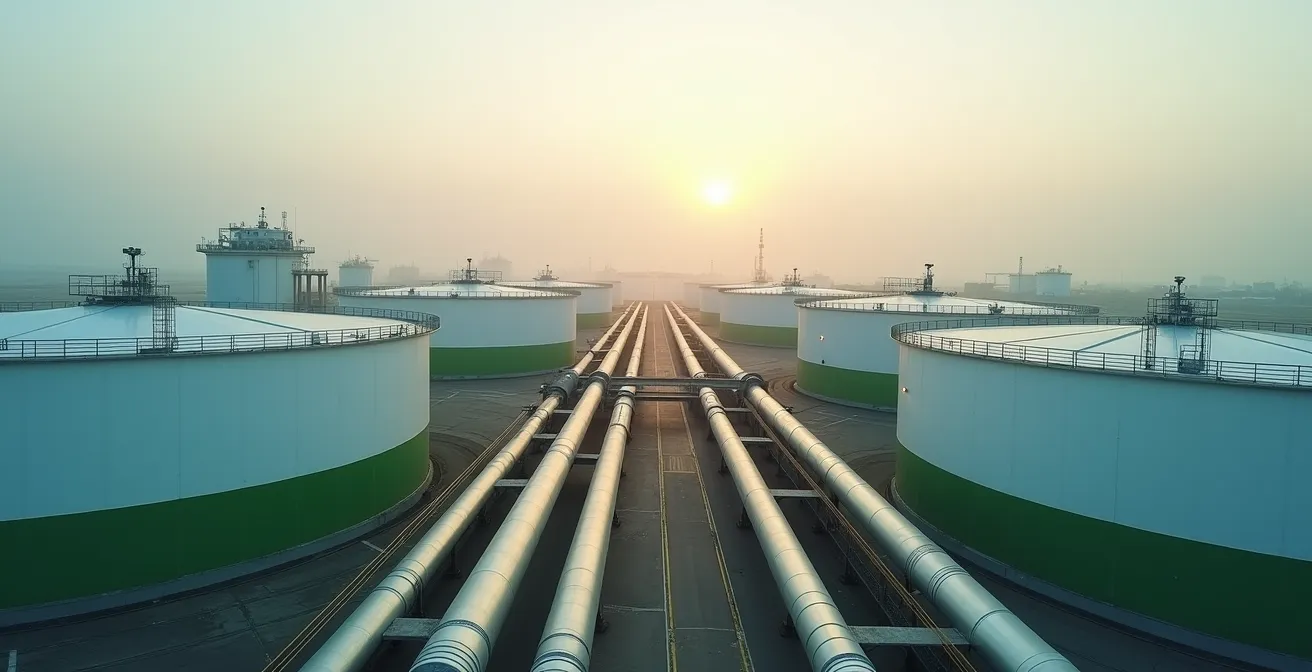 Toekomstige waterstofinfrastructuur met opslagtanks en pijpleidingen in haven