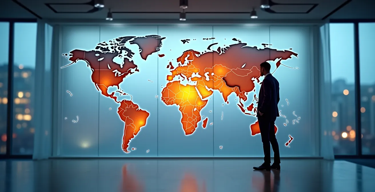 Wereldkaart met gemarkeerde risicozones en alternatieve leveranciersregio's vanuit Belgisch perspectief