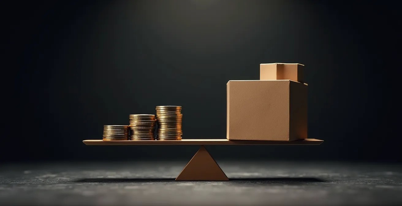 Abstracte visualisatie van werkkapitaal balans met munten en voorraadboxen in evenwicht