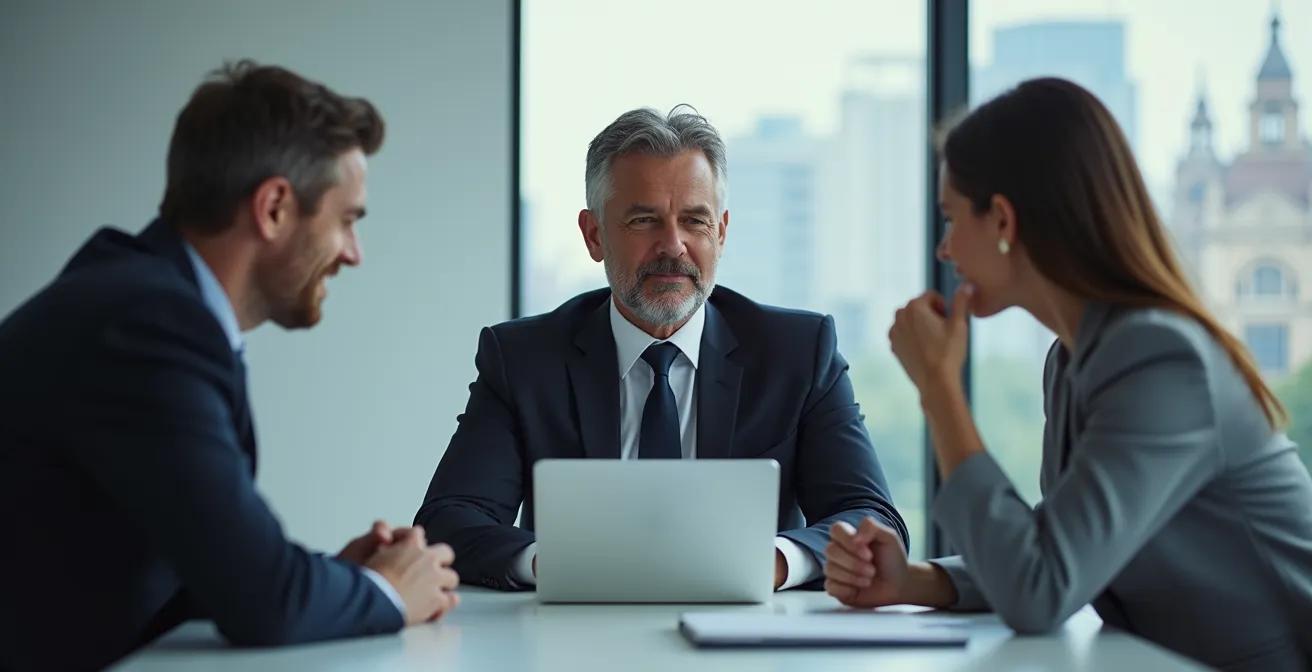 Professionele onderhandeling tussen Belgische inkoper en leveranciers in moderne vergaderruimte